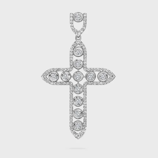 Antique white gold cross pendant by ValeOro with diamonds in mirror bezel settings and a pavé outline, front view