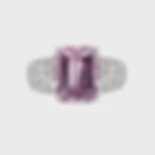 Sorteny Morganite white gold ring by ValeOro with an emerald-cut pink morganite and pavé diamond shoulders, front view