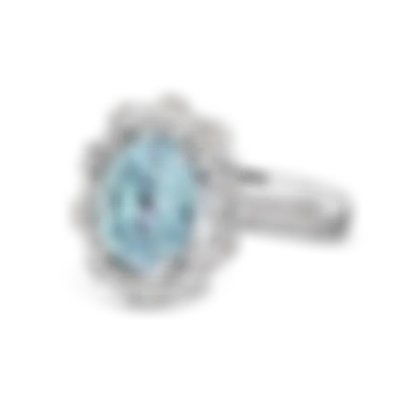 Salema white gold ring by ValeOro with a light-blue aquamarine in a diamond halo and pavé band, three-quarter view