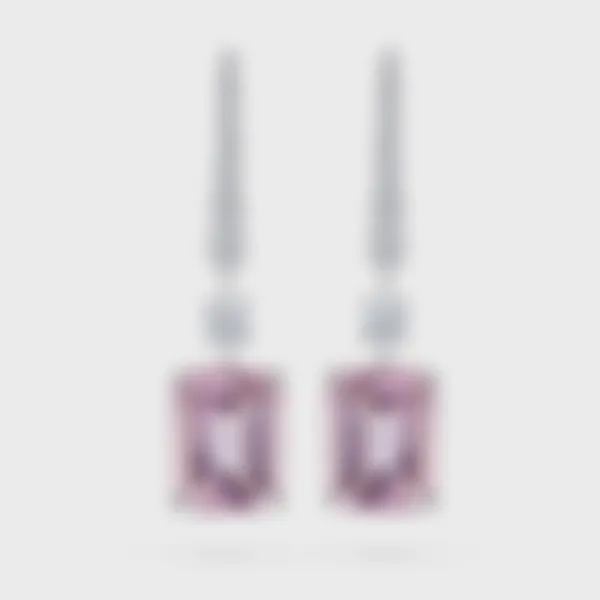Sorteny white gold drop earrings by ValeOro with emerald-cut pink morganites and a line of diamonds, front view