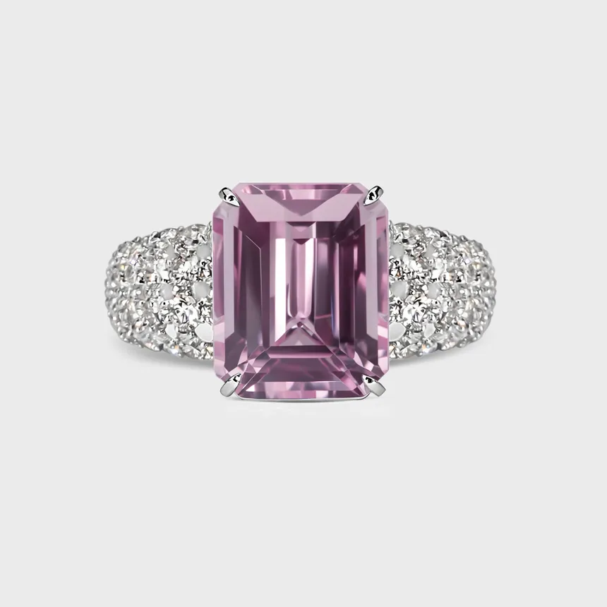 Sorteny Morganite white gold ring by ValeOro with an emerald-cut pink morganite and pavé diamond shoulders, front view