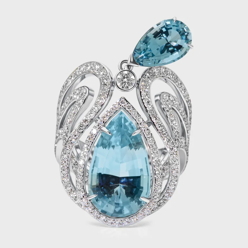 Arinsal white gold ring by ValeOro with two pear-shaped blue aquamarines framed by diamonds, front view