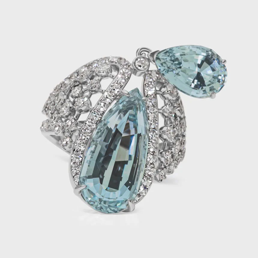 Arinsal Classic white gold ring by ValeOro with two pear-shaped blue aquamarines framed by diamonds, front view