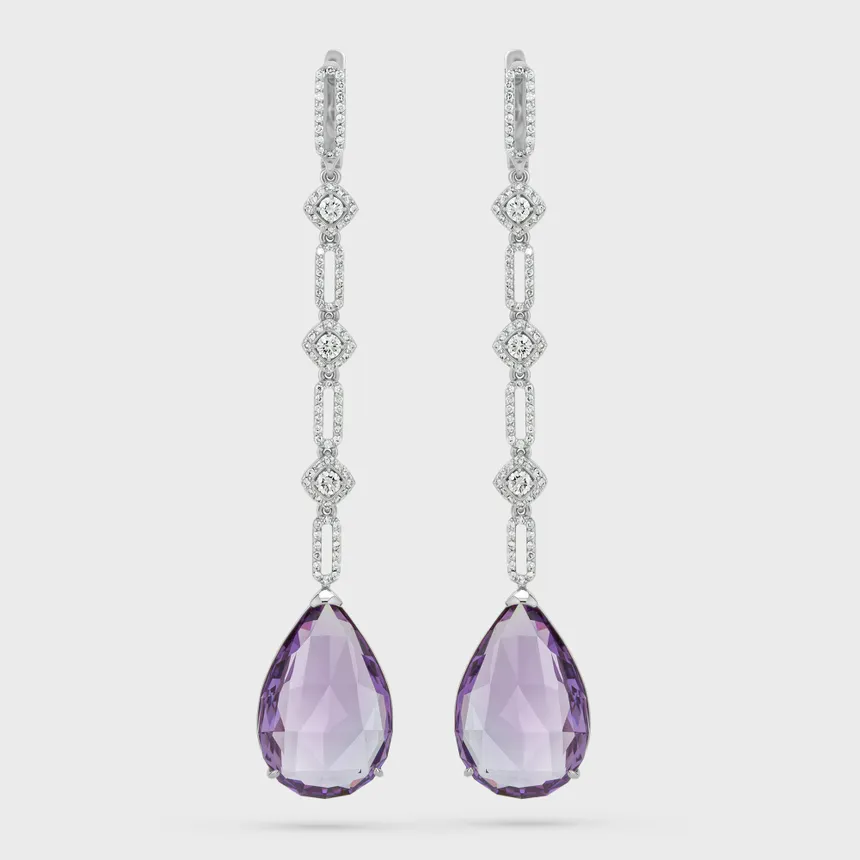Izmir white gold drop earrings by ValeOro with pear-shaped purple amethysts on diamond-set garland links, front view