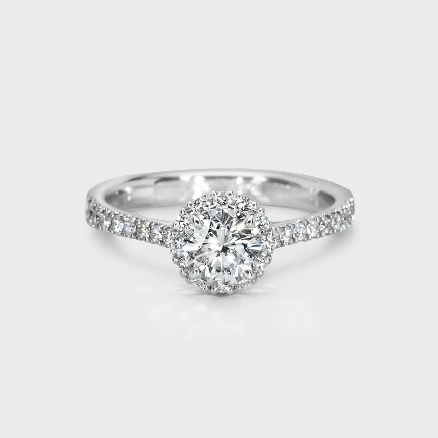 Aurora white gold ring by ValeOro with a round diamond in a halo of smaller diamonds and a pavé band, front view