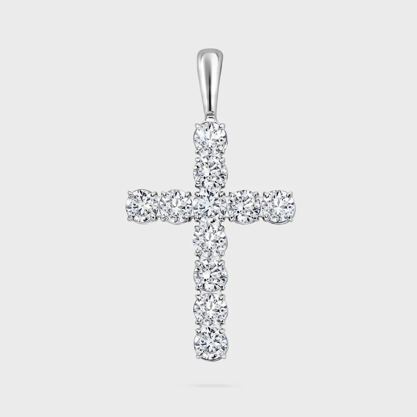 Gloss white gold cross by ValeOro with large round diamonds in open prong settings, front view