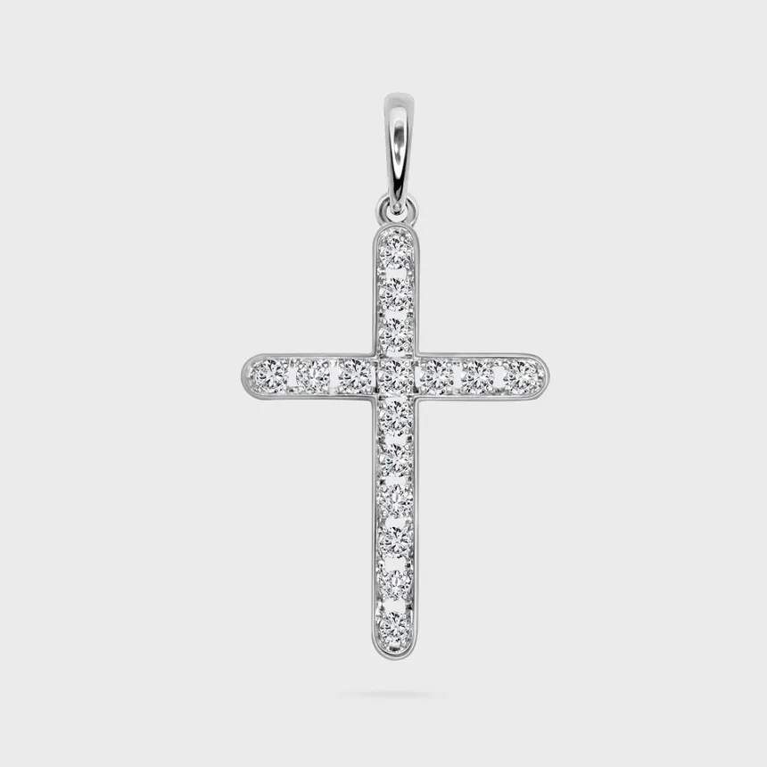 Chikalov white gold cross pendant by ValeOro with a line of round diamonds along both arms, front view