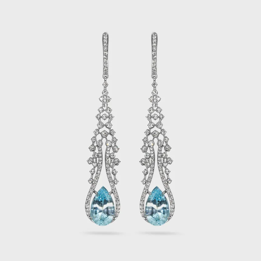 Arabella white gold drop earrings by ValeOro with pear-cut blue aquamarines in an openwork diamond garland, front view