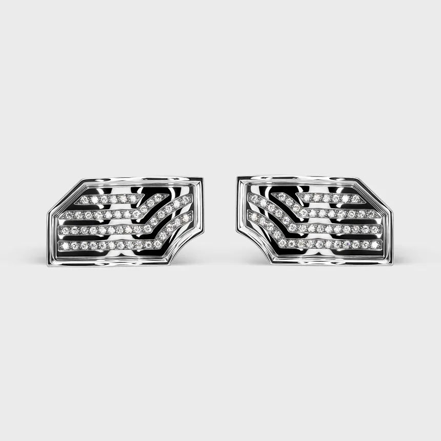 Chikalov white gold cufflinks by ValeOro with curved diamond lines on black rhodium, front view