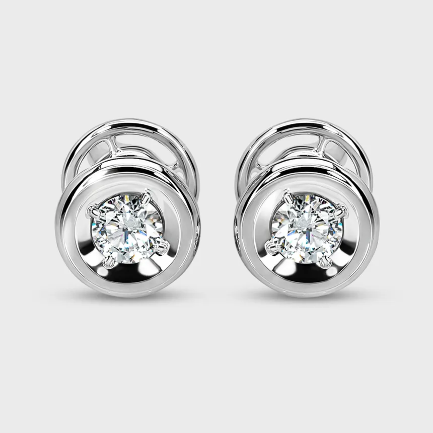 Heart white gold stud earrings by ValeOro with round diamonds in polished mirror settings, front view