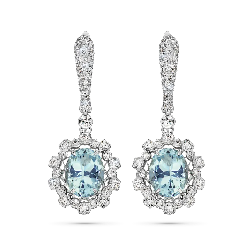 Salema white gold earrings by ValeOro with oval light blue aquamarines framed by diamonds, front view
