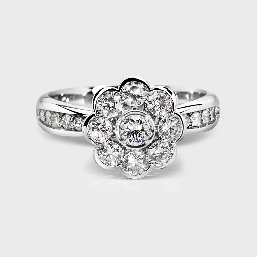 Amaryllis white gold diamond ring by ValeOro with a flower-shaped cluster and a pavé-set band, front view