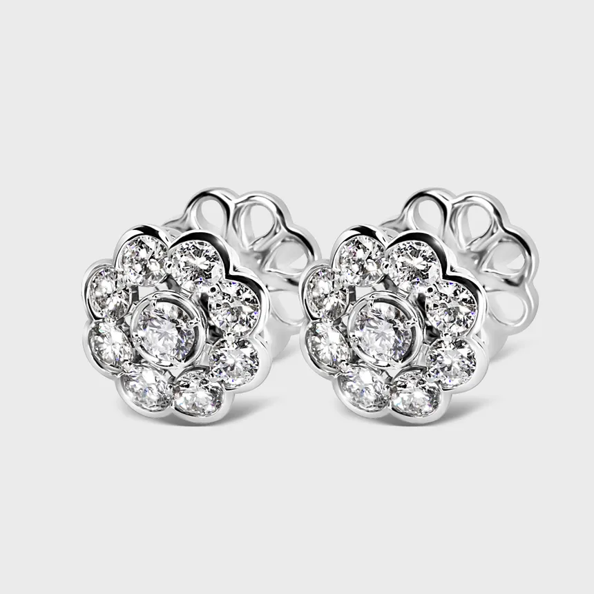 Amaryllis white gold diamond stud earrings by ValeOro in a floral cluster design, three-quarter view