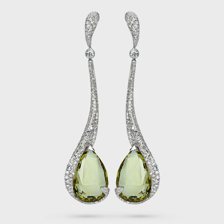 Anyos white gold earrings by ValeOro with pear-shaped golden-green heliodors framed by diamond pavé, front view