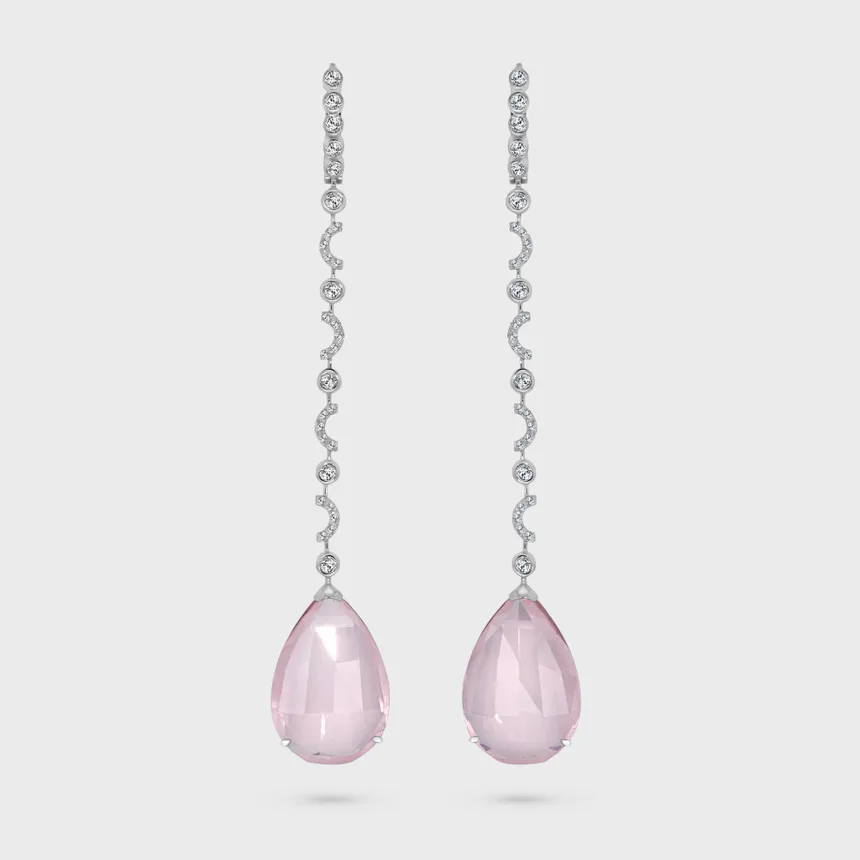 Soldeu white gold earrings by ValeOro with pear-shaped rose quartz drops and a line of bezel-set diamonds, front view