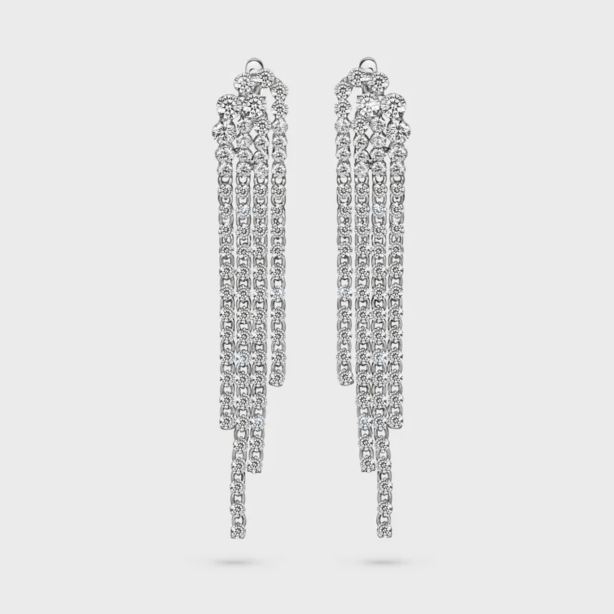 White Luxury white gold garland earrings by ValeOro with cascading strands of round diamonds, front view
