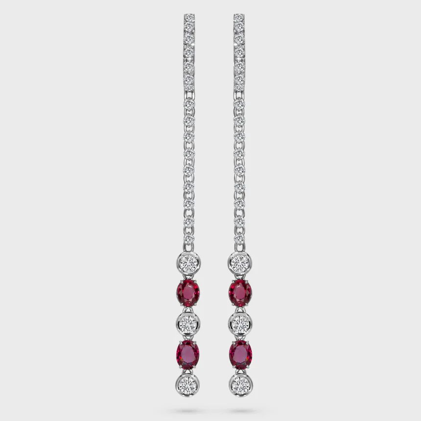 Grape white gold drop earrings by ValeOro with oval red spinels and round diamonds in a vertical line, front view