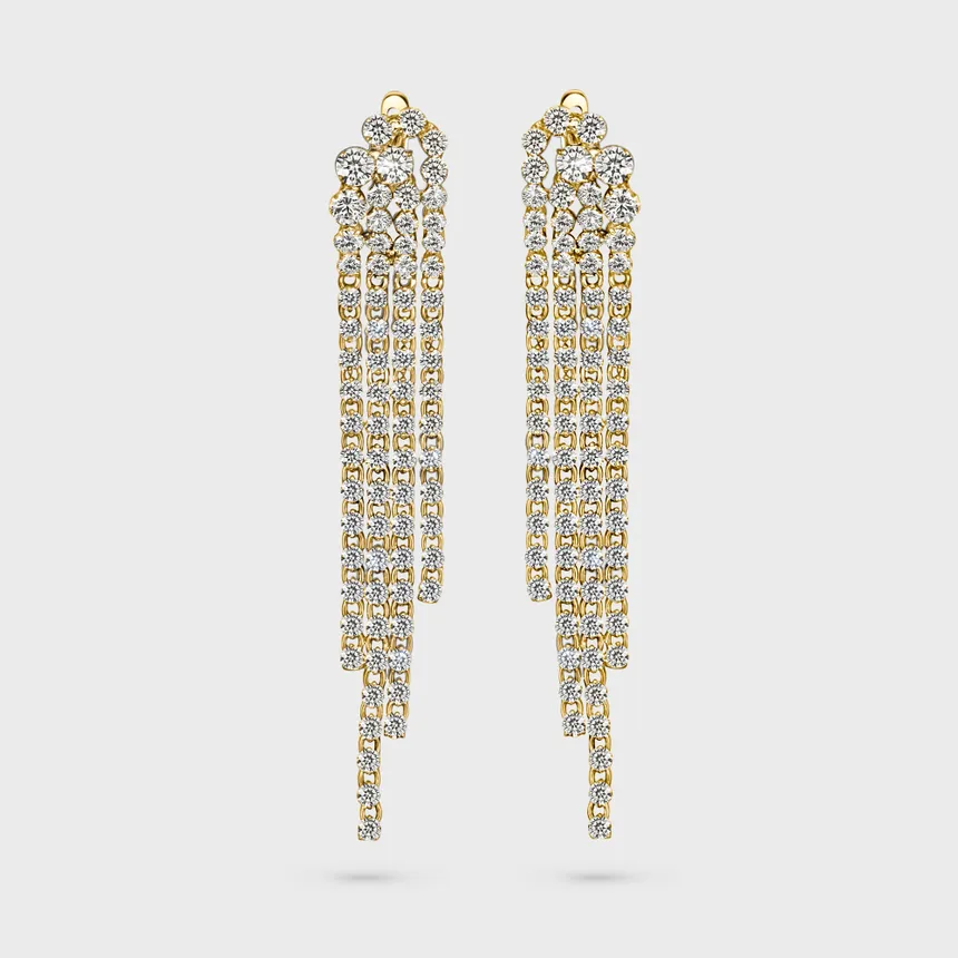 Yellow Luxury yellow gold earrings by ValeOro with cascading strands of round diamonds, front view