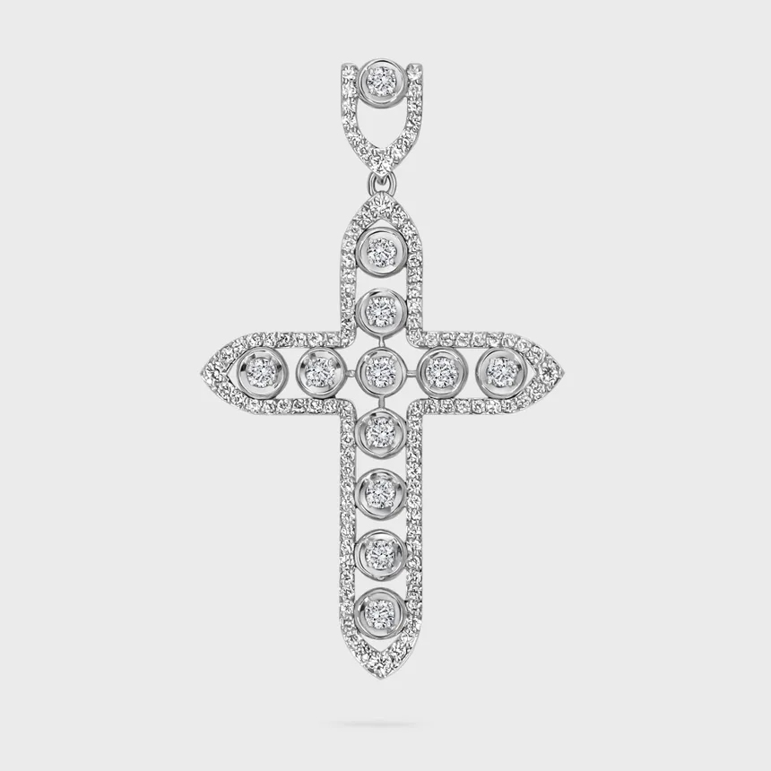 Antique white gold cross pendant by ValeOro with diamonds in mirror bezel settings and a pavé outline, front view