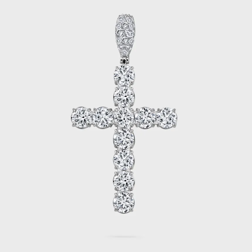 Gloss white gold cross pendant by ValeOro with large round diamonds and a pavé bail, front view