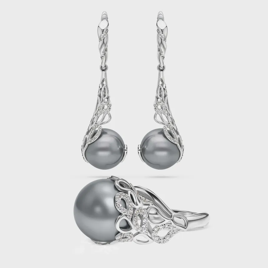 Rangiroa Black white gold jewelry set by ValeOro with grey-black pearls in openwork diamond settings, earrings and ring