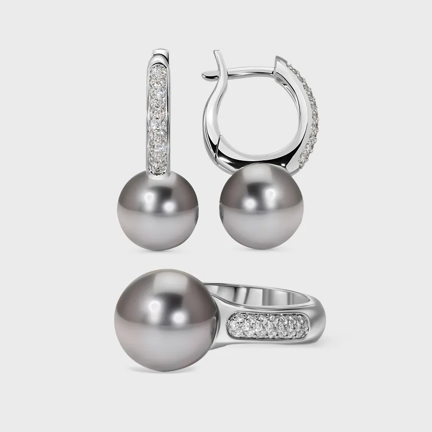 Katiu Black white gold jewelry set by ValeOro with grey pearls and diamond pavé, ring and earrings