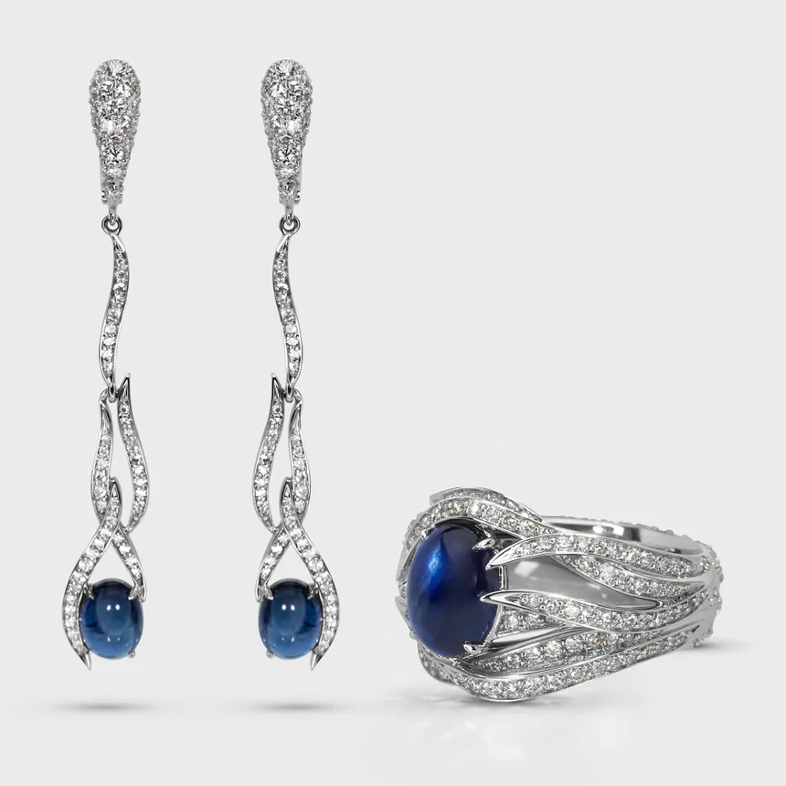 Astraea white gold set by ValeOro with blue cabochon sapphires and diamonds, ring and earrings together