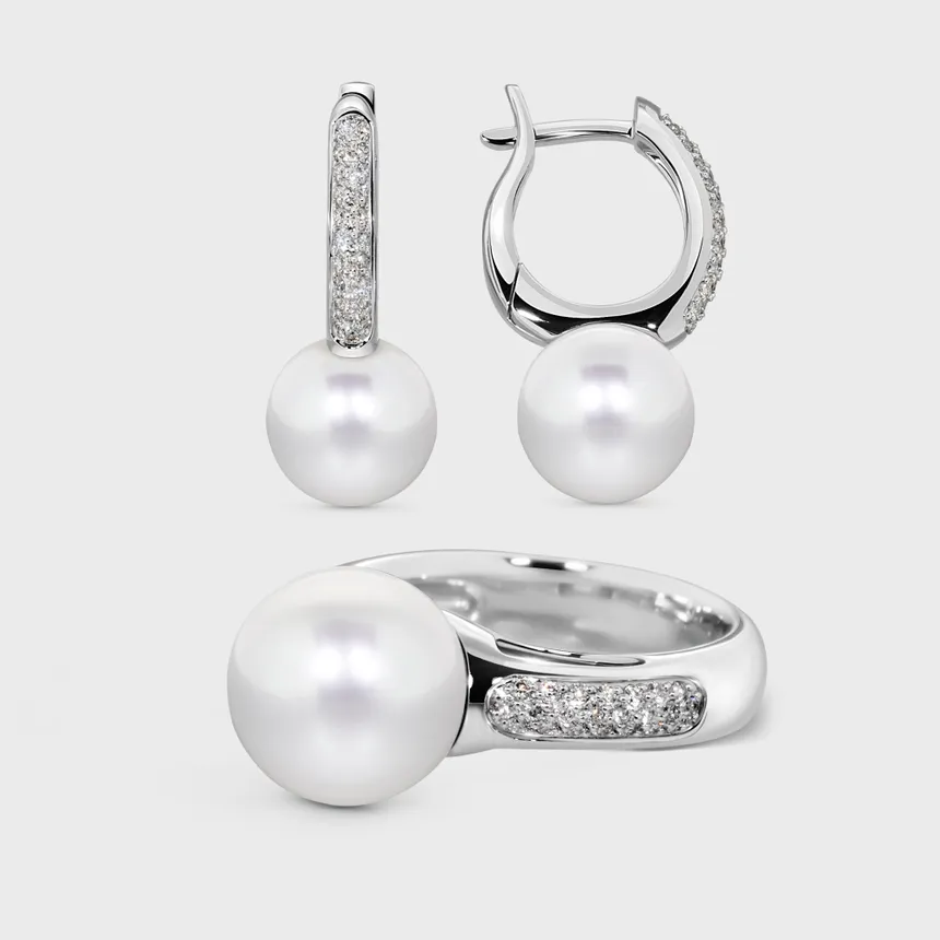 Katiu White pearl set in white gold by ValeOro, hoop earrings and ring with white pearls and diamond pavé, full view
