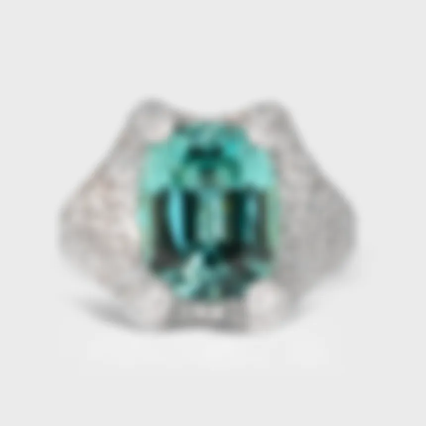 Granada Lagoon white gold ring by ValeOro with a cushion-cut blue-green tourmaline framed by pavé diamonds, front view