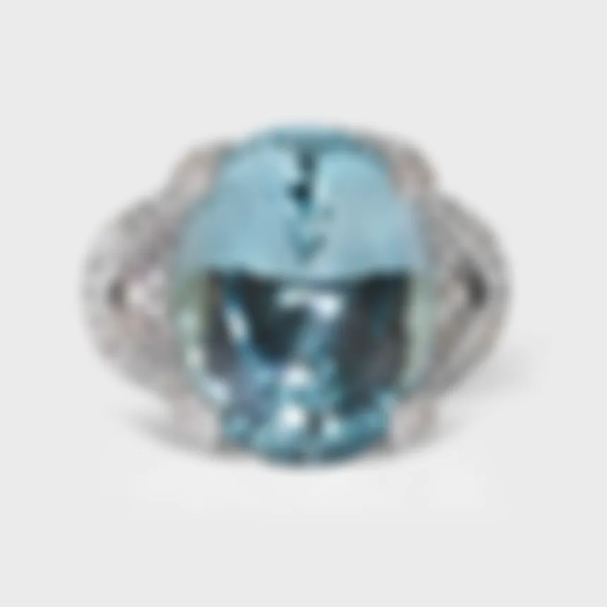 Forte dei Marmi white gold ring by ValeOro with a large oval light-blue aquamarine framed by pavé diamonds, front view
