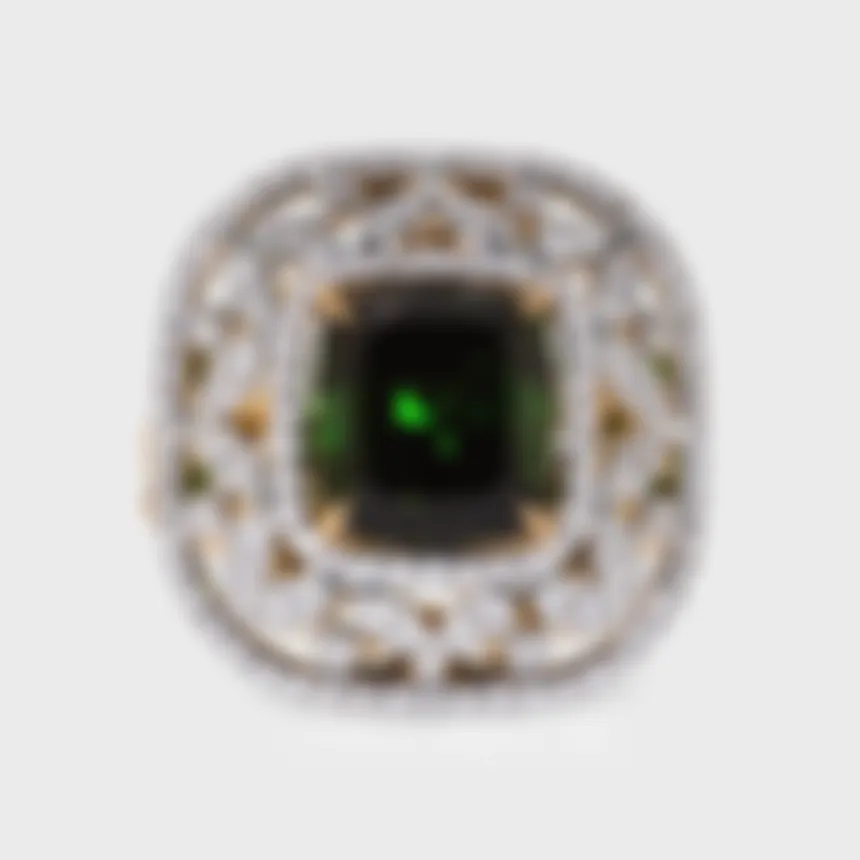 Olivia white gold ring by ValeOro with a green cushion-cut tourmaline framed by an openwork diamond leaf design, front view