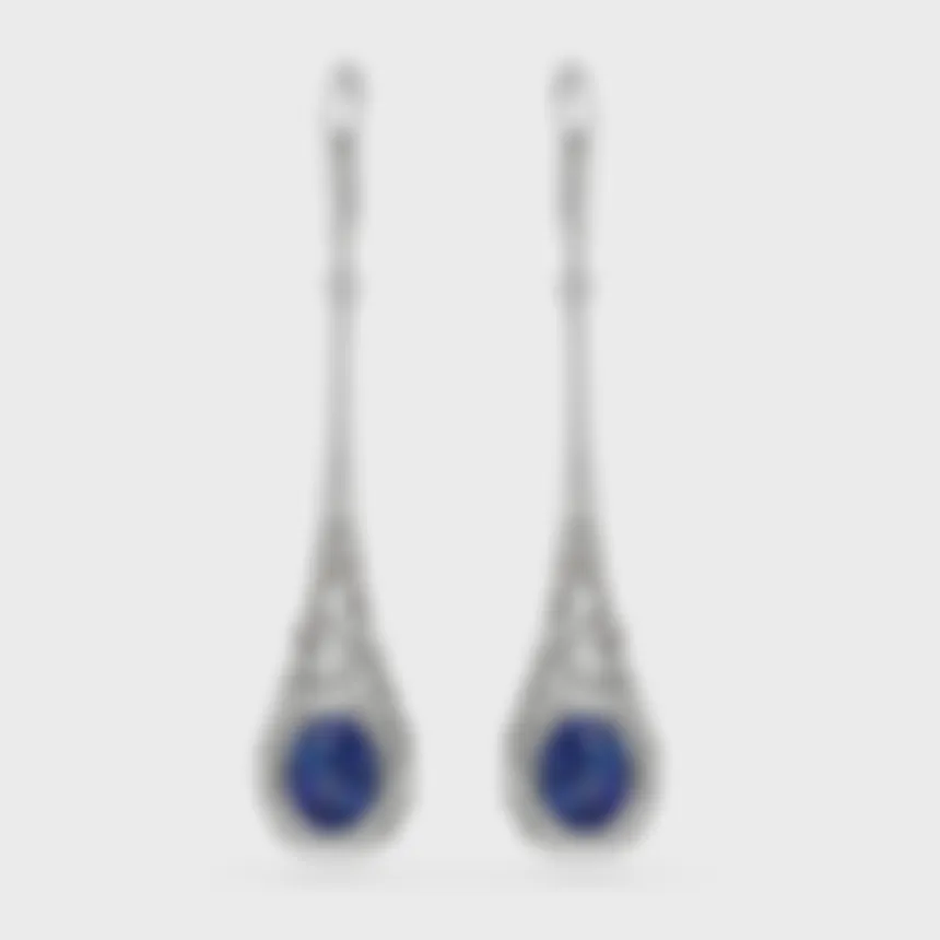 Venezia white gold drop earrings by ValeOro with oval blue-violet tanzanites in teardrop openwork diamond cages, front view