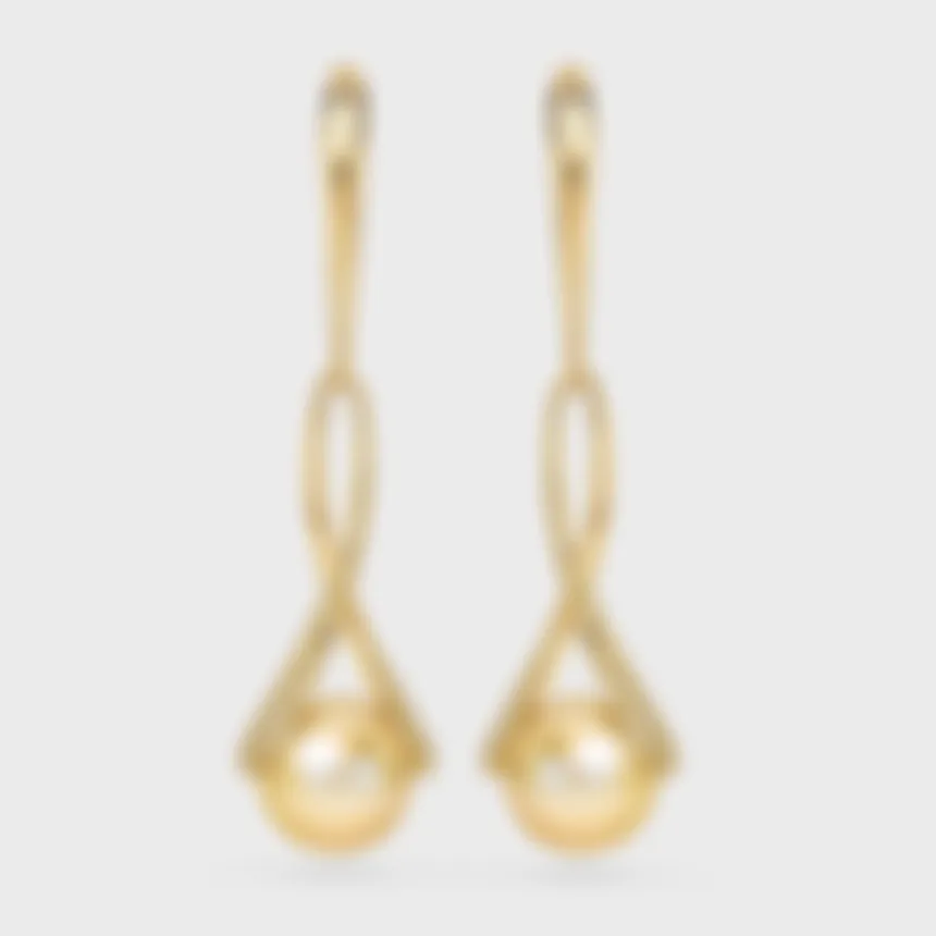 Makemo Yellow gold drop earrings by ValeOro with golden pearls in diamond pavé caps, front view