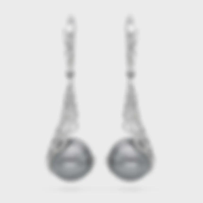 Rangiroa Black white gold drop earrings by ValeOro with grey-black pearls in openwork diamond settings, front view