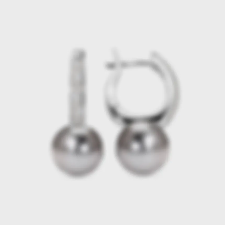 Katiu Black white gold drop earrings by ValeOro with grey pearls and pavé diamond hoops, front view