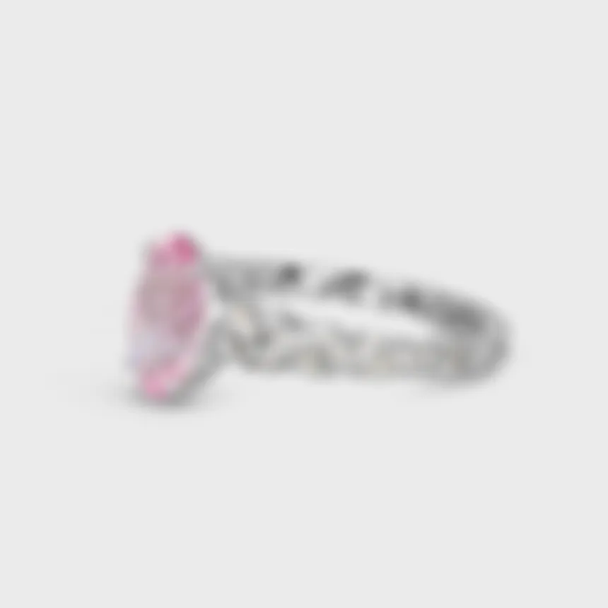 Roselie white gold ring by ValeOro with a pink morganite and graduated diamonds along the band, three-quarter view