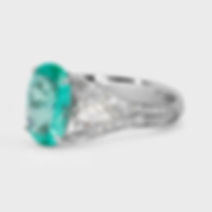 Laguna Paraiba white gold ring by ValeOro with a neon blue-green tourmaline and pavé-set split shoulders, three-quarter view