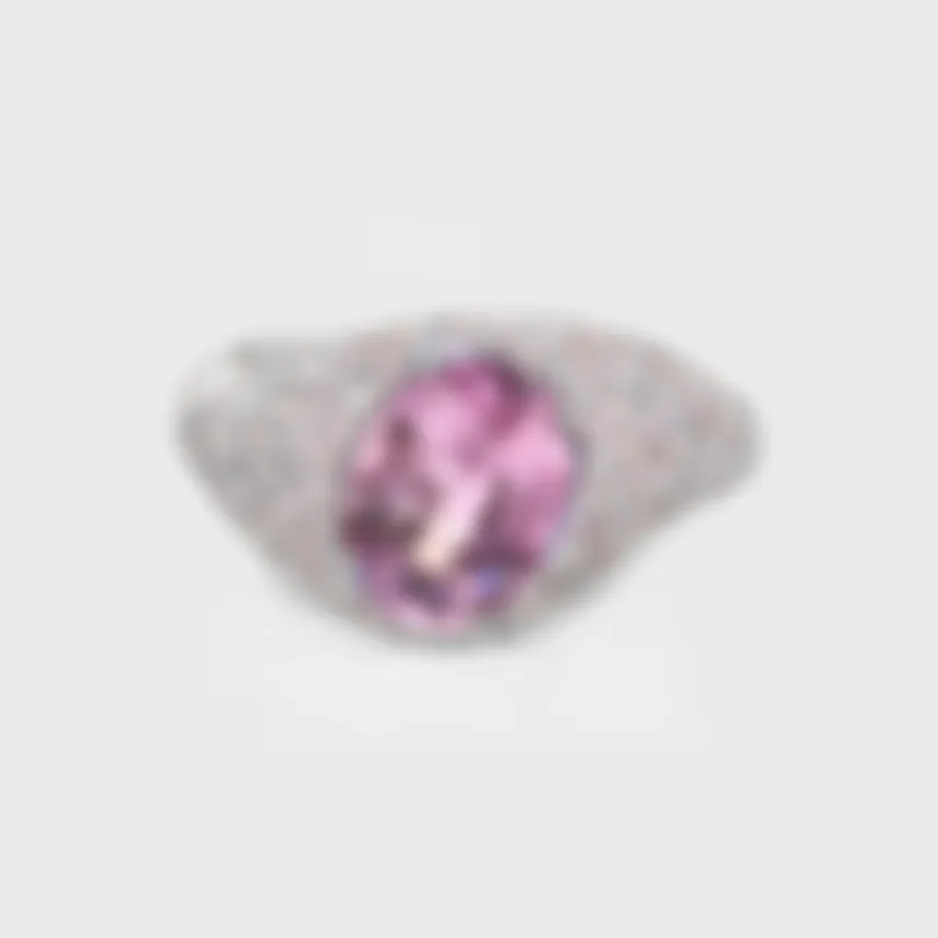 Cabo da Roca white gold ring by ValeOro with an oval pink spinel in a domed pavé setting, front view