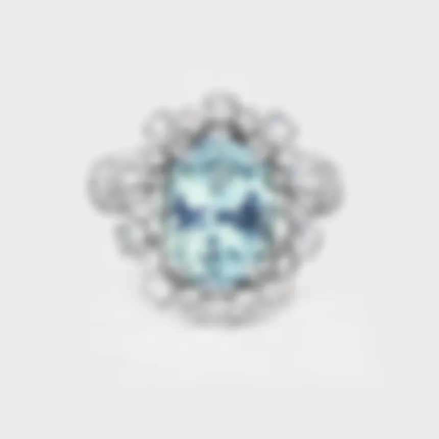 Salema white gold ring by ValeOro with an oval light-blue aquamarine framed by diamonds, front view