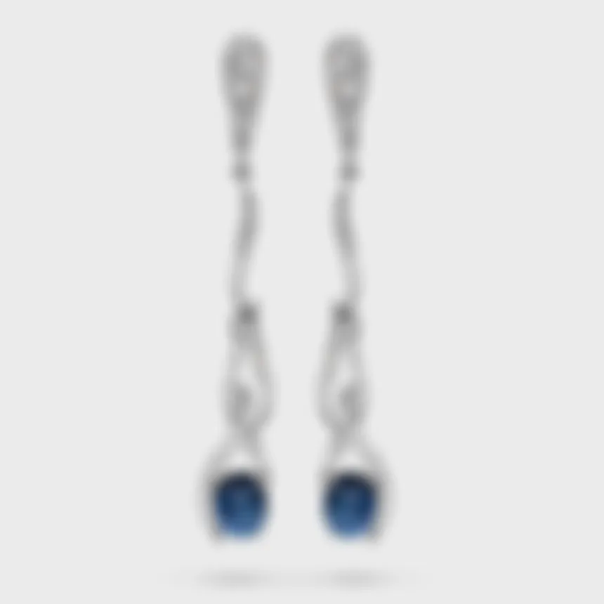 Astraea white gold drop earrings by ValeOro with blue cabochon sapphires and cascading diamonds, front view