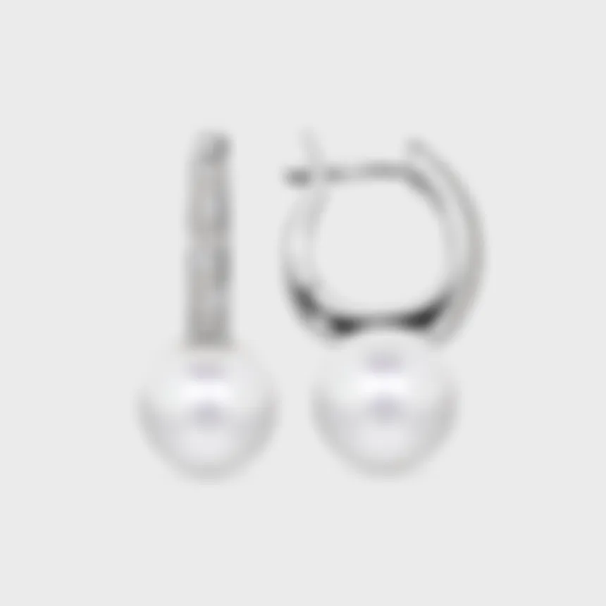 Katiu White white gold hoop earrings by ValeOro with diamond pavé and round pearl drops, front and side view