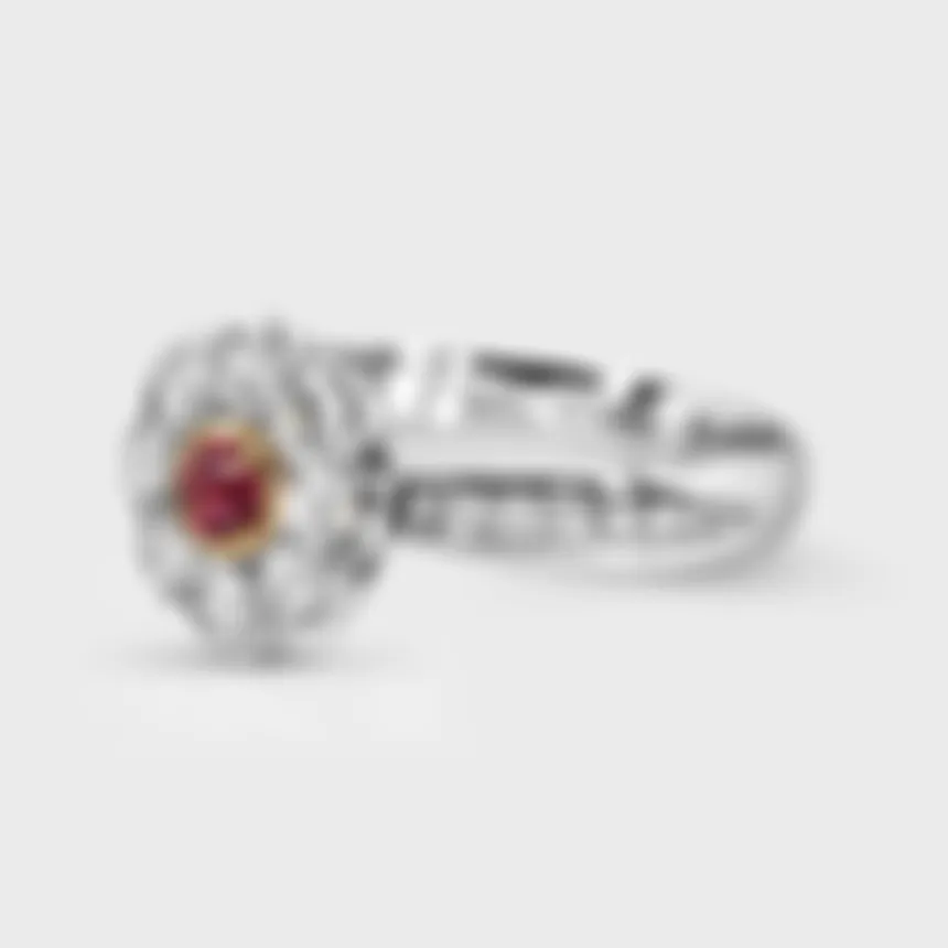 Amaryllis white gold ring by ValeOro with a red spinel flower head and diamond-set shoulders, three-quarter view