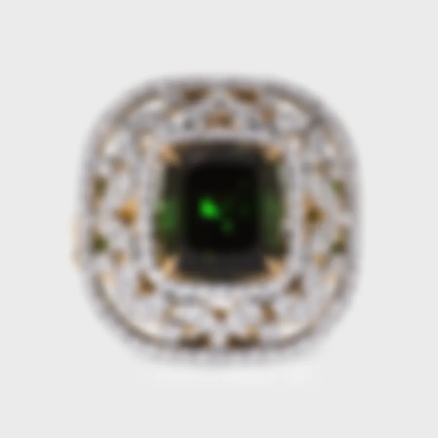 Olivia white gold ring by ValeOro with a green cushion-cut tourmaline framed by an openwork diamond leaf design, front view