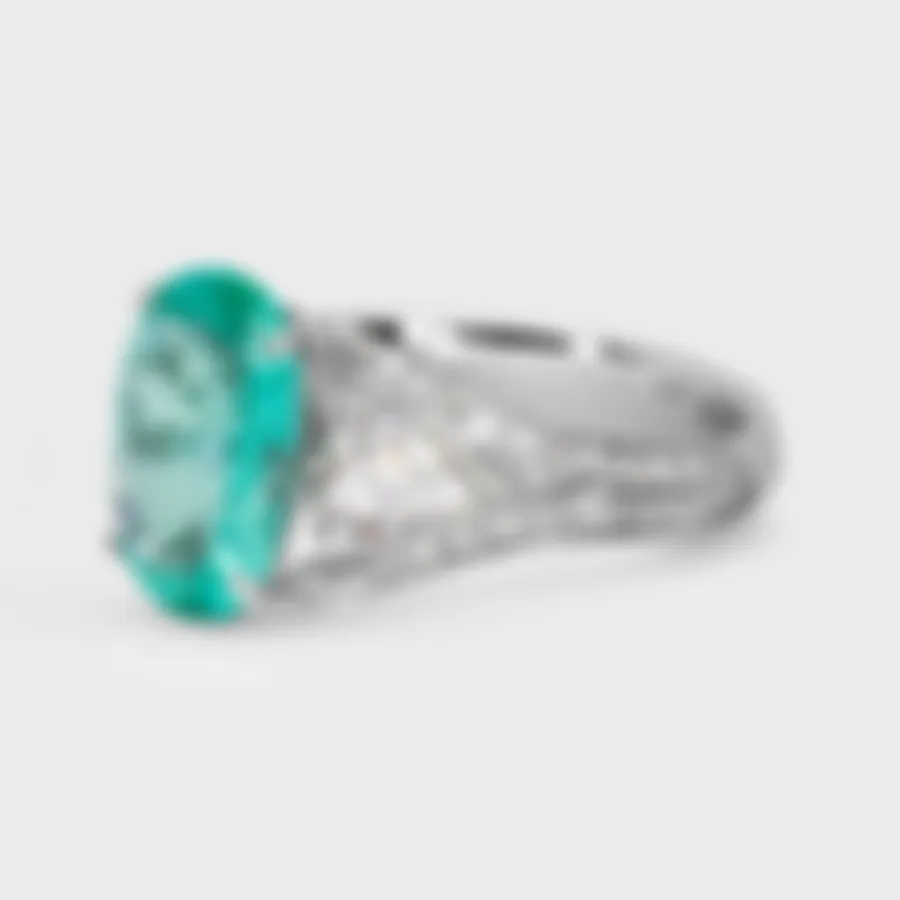 Laguna Paraiba white gold ring by ValeOro with a neon blue-green tourmaline and pavé-set split shoulders, three-quarter view